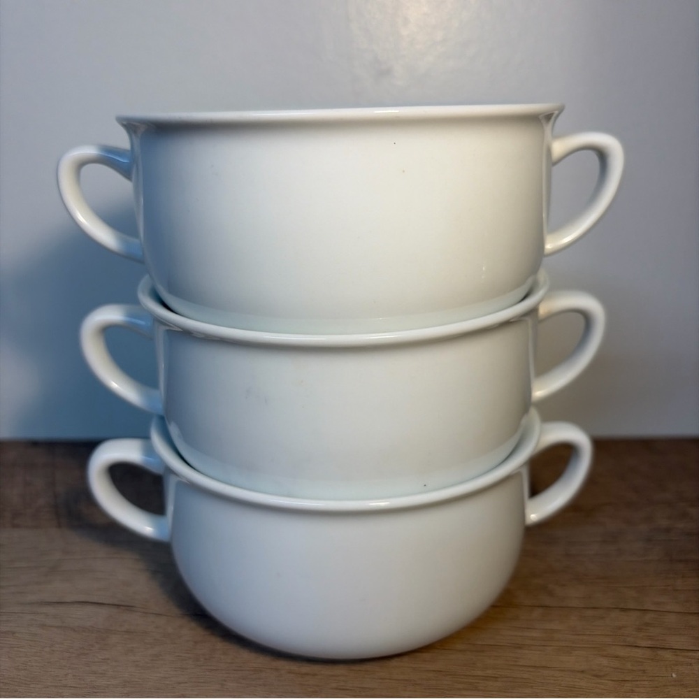 Set Of 3 Macys “The Cellar” Two Handle Soup Cups White 4.5” 2004